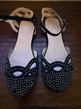 Link Black Studded Cutout Ankle-Strap Flats